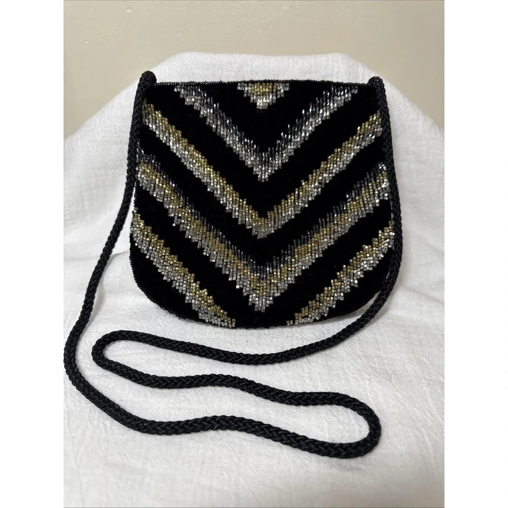 VTG Beaded Black Velvet Chevron Clutch Bag Purse Studio 18 La Regale Strap‎